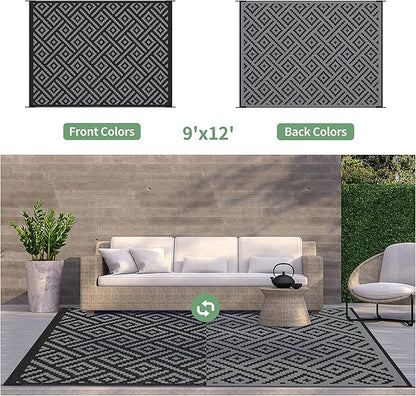 GENIMO Outdoor Rug for Patio Clearance,9'x12' Waterproof Large Mat,Reversible Plastic Camping Rugs,Rv,Porch,Deck,Camper,Balcony,Backyard,Black & Gray