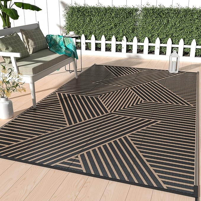GENIMO Outdoor Rug 8'x10' for Patio Waterproof Clearance, Reversible Outdoor Plastic Straw Rug, Lightweight Carpet Camping Mat for Rv, Camper, Picnic, Balcony, Backyard, Deck, Porch, Black & Brown