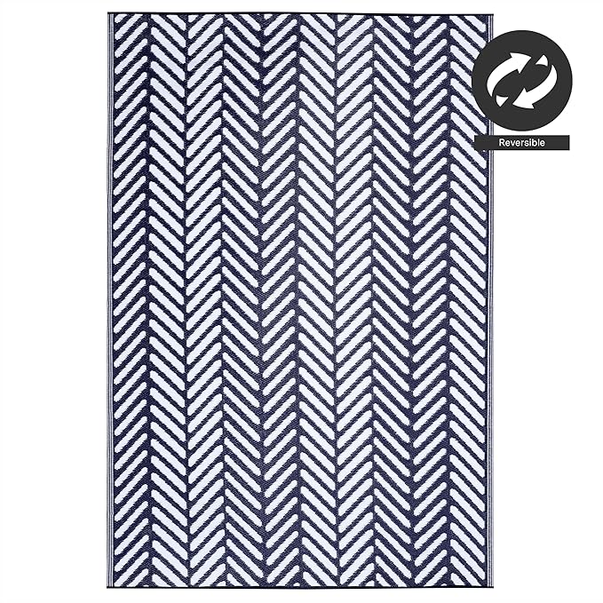 FH Home Outdoor Rug - Waterproof, Fade Resistant, Reversible - Premium Recycled Plastic - Herringbone - Patio, Deck, Porch, Balcony, Laundry Room - Fresno - Navy Crease Free - 4 x 6 ft