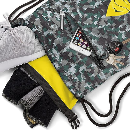 Skog Å Kust GymSak | Patented 2-in-1 Drawstring Cinch Bag with Removable Waterproof Dry Bag | Camo & Yellow
