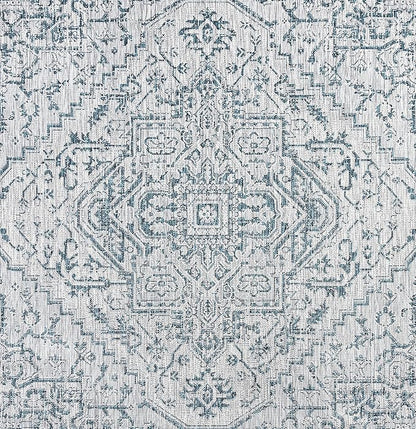 JONATHAN Y SMB105C-8SQ Estrella Bohemian Medallion Textured Weave Teal/Gray 8' Square Indoor/Outdoor Area Rug, Pet Friendly, Non-Shedding, Stain Resistant, Easy-Cleaning for Backyard, Patio, Porch